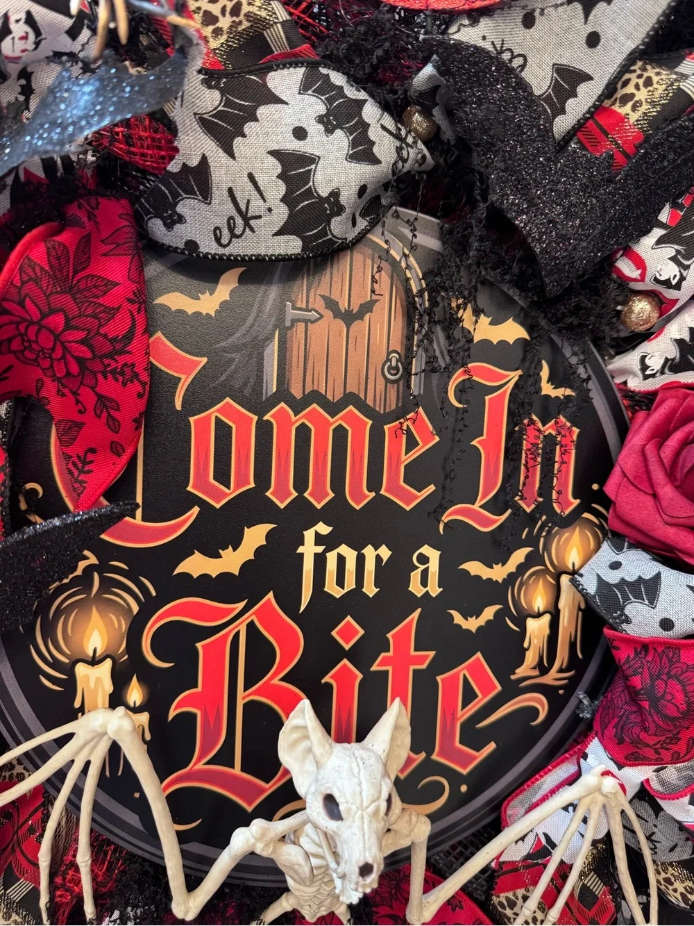 Come In for a Bite Halloween Wreath - Red & Black Holiday Door Decor